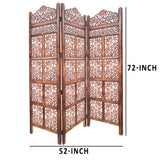 3 Panel Mango Wood Screen with Intricate Cutout Carvings, Brown
