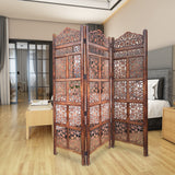 3 Panel Mango Wood Screen with Intricate Cutout Carvings, Brown