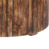 34 Inch Round Wooden Coffee Table with Plank Style Side, Rustic Brown
