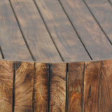 34 Inch Round Wooden Coffee Table with Plank Style Side, Rustic Brown