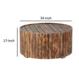 34 Inch Round Wooden Coffee Table with Plank Style Side, Rustic Brown