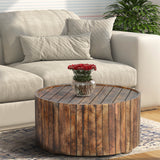 34 Inch Round Wooden Coffee Table with Plank Style Side, Rustic Brown