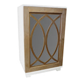 Wooden Side Table with Lattice Pattern Mirrored Door Cabinet, White and Brown