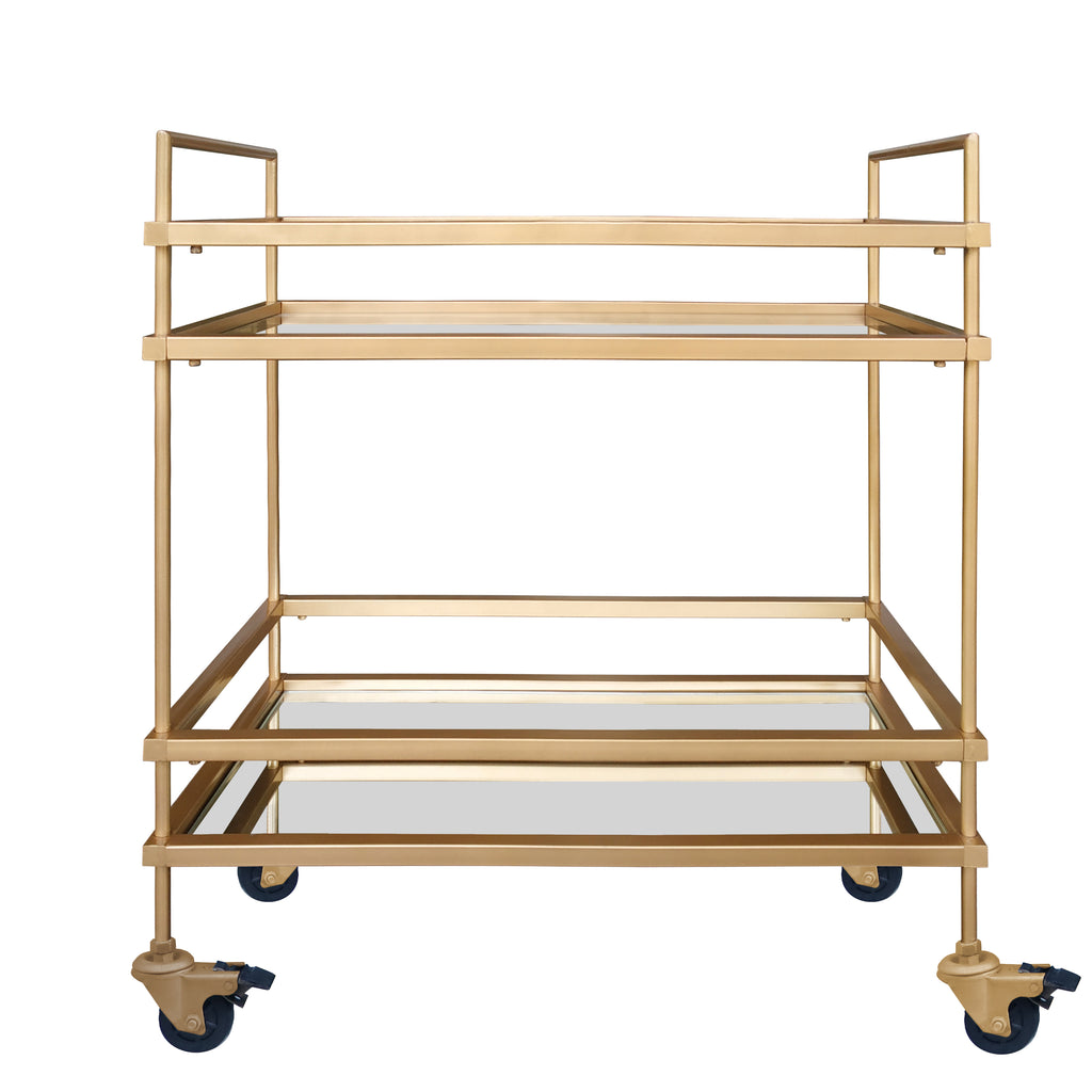 Modern Style Tubular Iron Bar Cart with 2 Mirrored Shelves, Gold