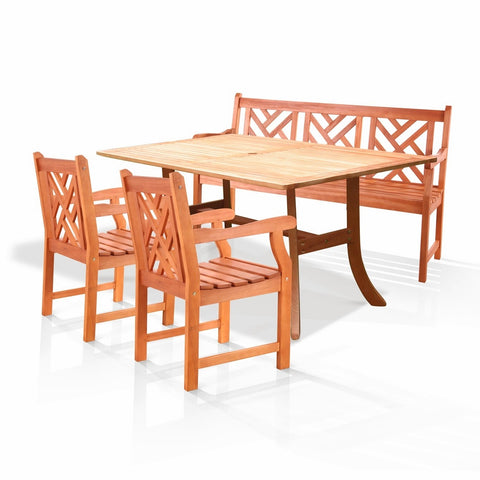 Outdoor Eucalyptus Dining Set with Bench, 2 Chairs, and Table