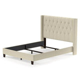 QUEEN SIZE UPHOLSTERED BED WITH WINGBACK BUTTON-TUFTED HEADBOARD IN OATMEAL