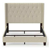 QUEEN SIZE UPHOLSTERED BED WITH WINGBACK BUTTON-TUFTED HEADBOARD IN OATMEAL