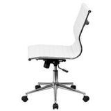 WHITE FAUX LEATHER RIBBED ARMLESS MID-BACK CONFERENCE OFFICE CHAIR