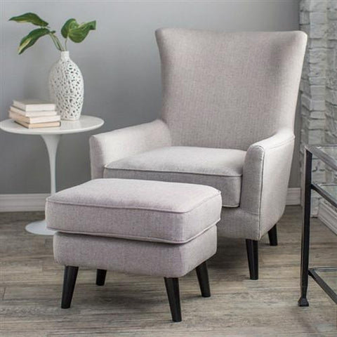 GRAY WOOL BLEND UPHOLSTERED MID-CENTURY ARM CHAIR AND OTTOMAN