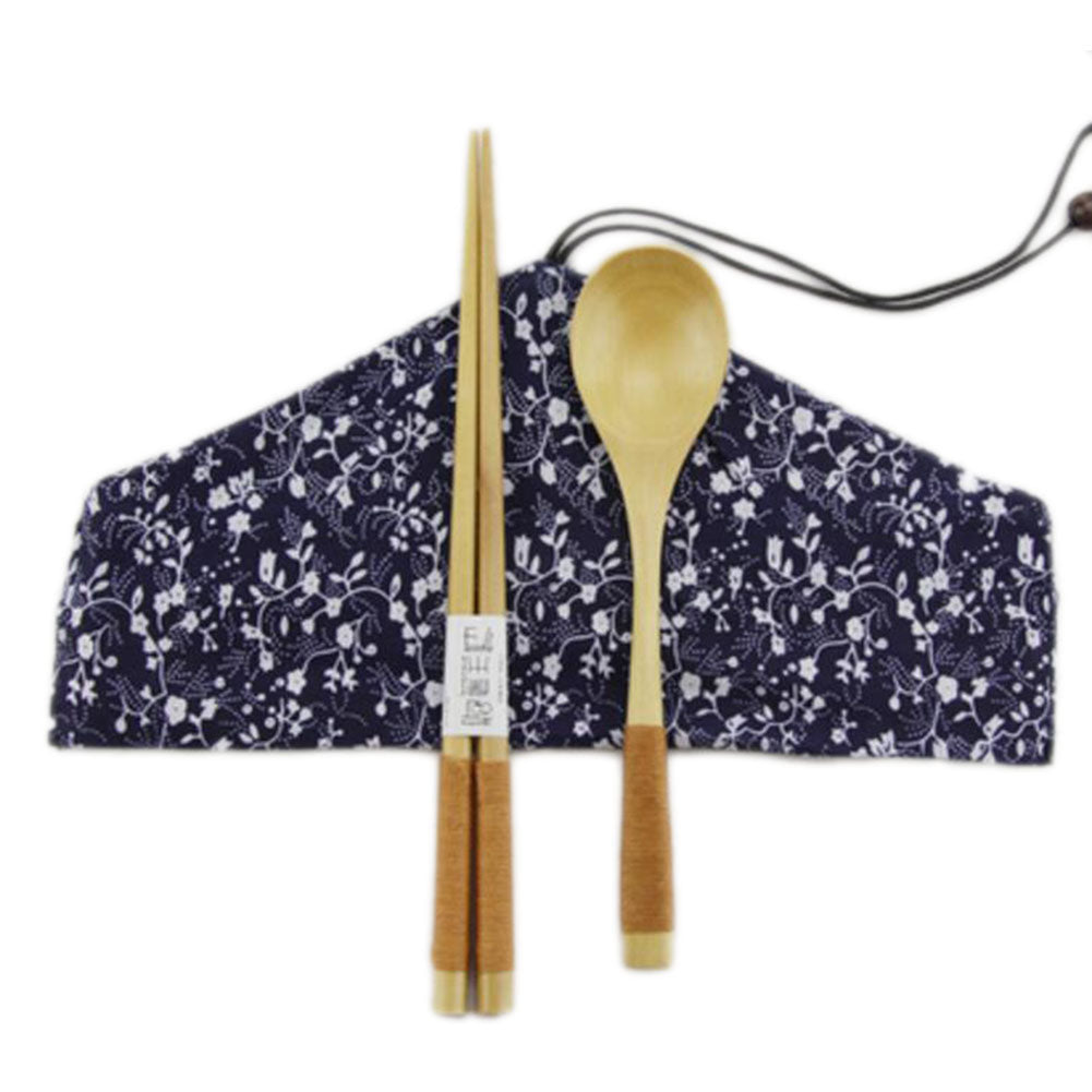 Japanese Style Natural Wooden Chopsticks Spoon Cutlery Set Travel Cloth Carry Bag Three-piece Tableware-A09