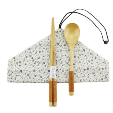Japanese Style Natural Wooden Chopsticks Spoon Cutlery Set Travel Cloth Carry Bag Three-piece Tableware-A10