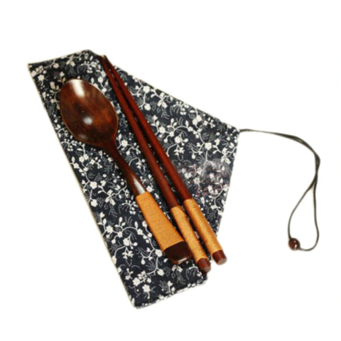 Japanese Style Natural Wooden Chopsticks Spoon Cutlery Set Travel Cloth Carry Bag Three-piece Tableware-C03