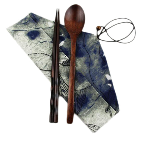 Japanese Style Natural Wooden Chopsticks Spoon Cutlery Set Travel Cloth Carry Bag Three-piece Tableware-C04