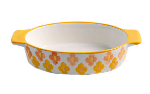Round Ceramic Bakeware Kitchen Cookware Cupcake Pans Lemon Yellow Flowers