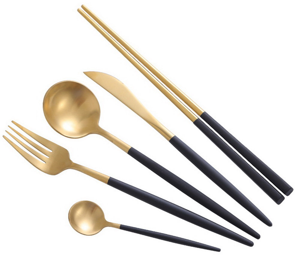 Creative Stainless Steel Five-piece Tableware, Black And Golden