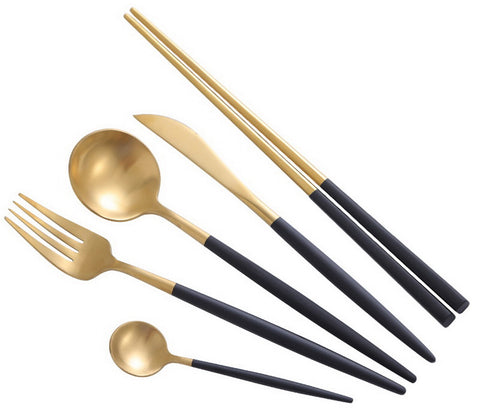 Creative Stainless Steel Five-piece Tableware, Black And Golden
