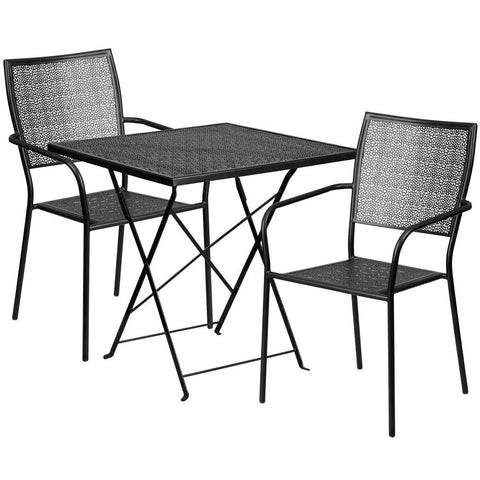28'' Square Indoor-Outdoor Steel Folding Patio Table Set with 2 Square Back Chairs - Black