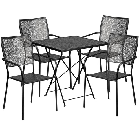 28'' Square Indoor-Outdoor Steel Folding Patio Table Set with 4 Square Back Chairs - Black