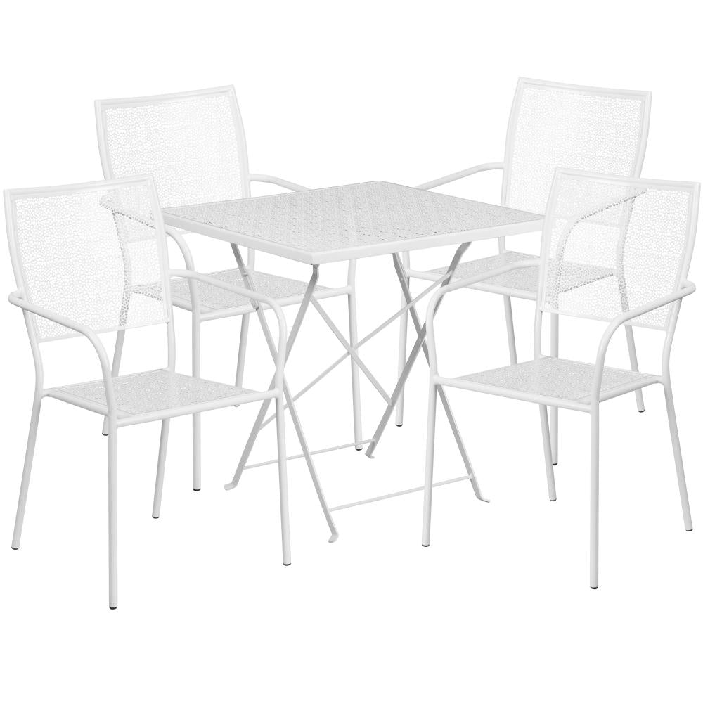 28'' Square Indoor-Outdoor Steel Folding Patio Table Set with 4 Square Back Chairs - White