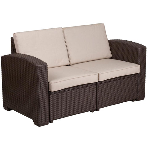 Faux Rattan Loveseat with All-Weather Cushions Chocolate Brown