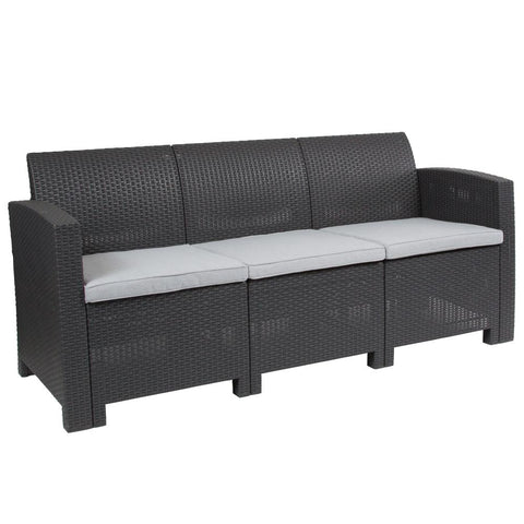 Faux Rattan Sofa with All-Weather Cushions Charcoal