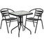 23.5'' Square Glass Metal Table with 2 Metal Aluminum Slat Stack Chairs Black