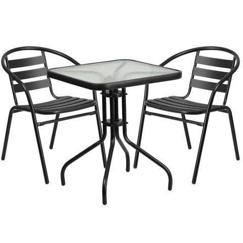 23.5'' Square Glass Metal Table with 2 Metal Aluminum Slat Stack Chairs Black