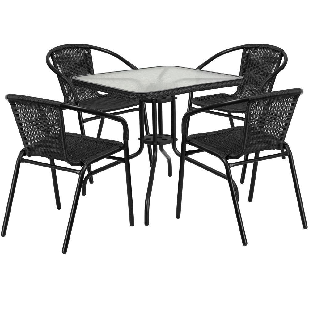 28'' Square Glass Metal Table with Rattan Edging and 4 Rattan Stack Chairs - Black
