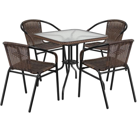 28'' Square Glass Metal Table with Rattan Edging and 4 Rattan Stack Chairs - Dark Brown