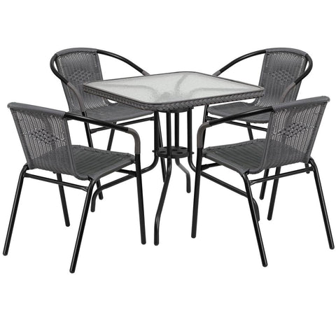 28'' Square Glass Metal Table with Rattan Edging and 4 Rattan Stack Chairs - Gray