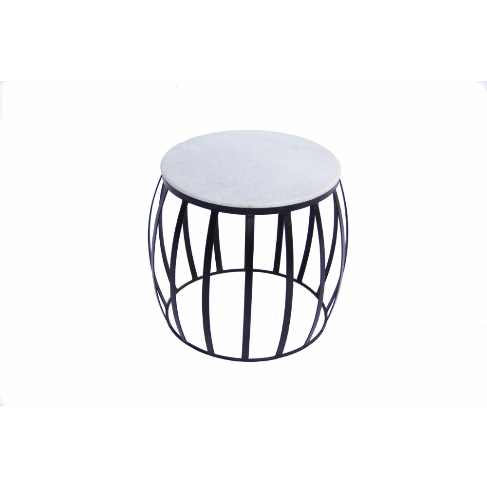 Sophisticated Iron Base Side Table With Marble Top, White