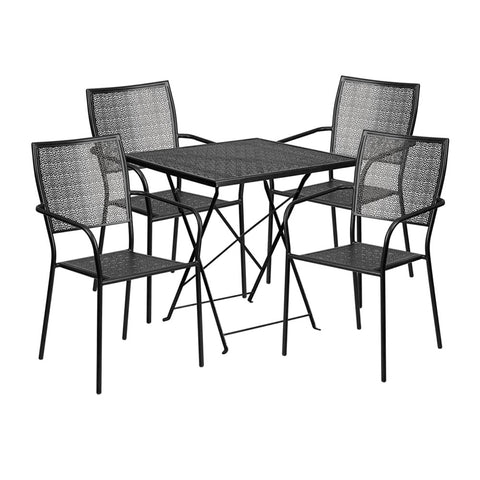 28'' Square Black Indoor-Outdoor Steel Folding Patio Table Set with 4 Square Back Chairs