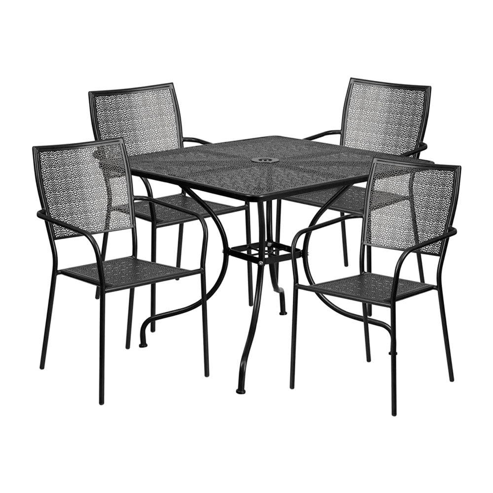 35.5'' Square Black Indoor-Outdoor Steel Patio Table Set with 4 Square Back Chairs (Black)