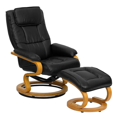 CONTEMPORARY BLACK LEATHER RECLINER AND OTTOMAN WITH SWIVELING MAPLE WOOD BASE