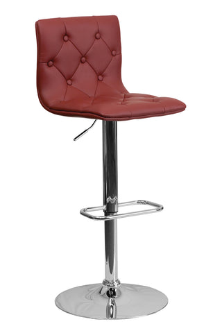 CONTEMPORARY ADJUSTABLE HEIGHT TUFTED BURGUNDY VINYL BAR STOOL WITH CHROME BASE