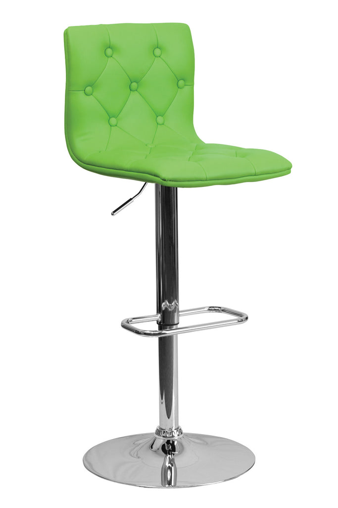 CONTEMPORARY ADJUSTABLE HEIGHT TUFTED GREEN VINYL BAR STOOL WITH CHROME BASE