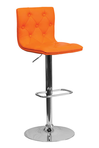 CONTEMPORARY ADJUSTABLE HEIGHT TUFTED ORANGE VINYL BAR STOOL WITH CHROME BASE