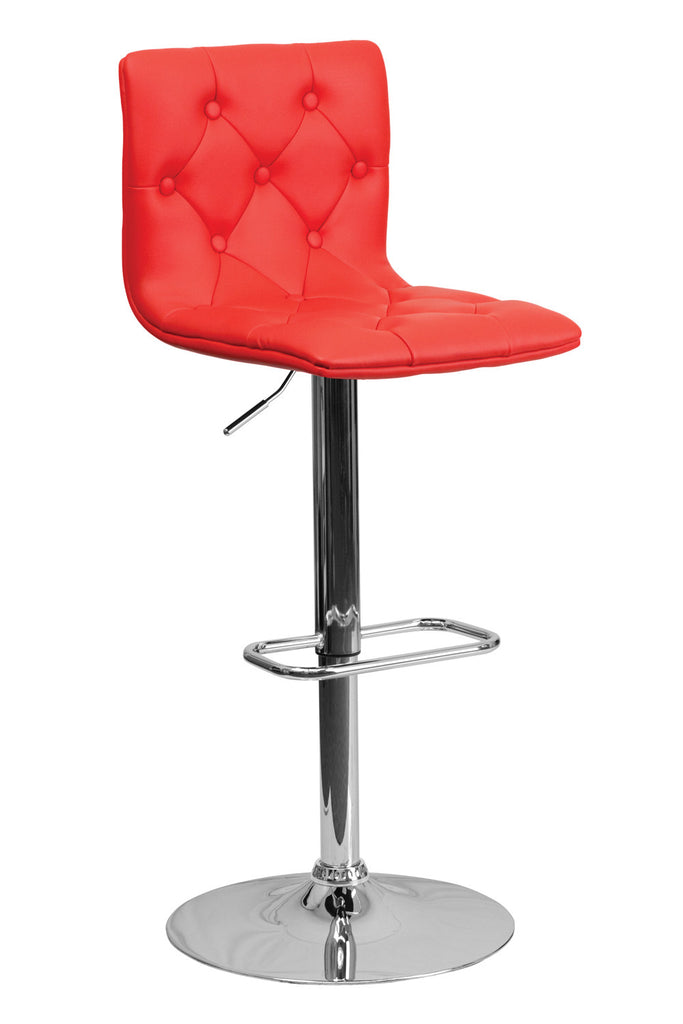 CONTEMPORARY ADJUSTABLE HEIGHT TUFTED RED VINYL BAR STOOL WITH CHROME BASE