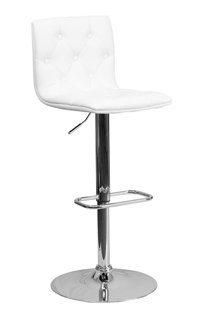 CONTEMPORARY ADJUSTABLE HEIGHT TUFTED WHITE VINYL BAR STOOL WITH CHROME BASE