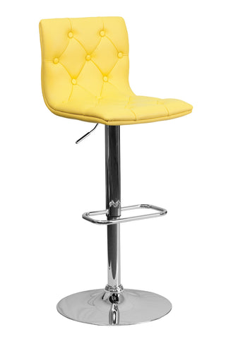CONTEMPORARY ADJUSTABLE HEIGHT TUFTED YELLOW VINYL BAR STOOL WITH CHROME BASE
