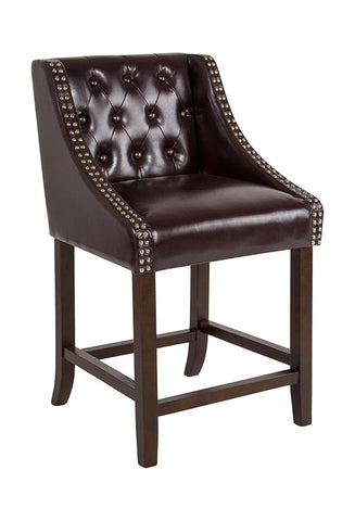 Flash Furniture Carmel Series 24" High Transitional Tufted Walnut Counter Height Stool with Accent Nail Trim in Brown Leather