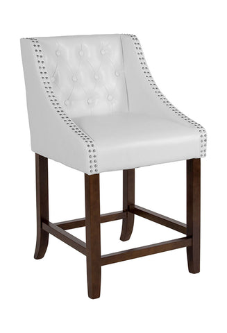 Flash Furniture Carmel Series 24" High Transitional Tufted Walnut Counter Height Stool with Accent Nail Trim in White Leather
