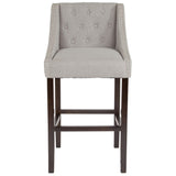 Carmel Series 30" High Transitional Tufted Walnut Barstool with Accent Nail Trim in Light Gray Fabric