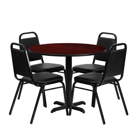 Flash Furniture 36'' Round Mahogany Laminate Table Set With 4 Black Trapezoidal Back Banquet Chairs [HDBF1002-GG]