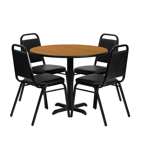 Flash Furniture 36" Round Natural Laminate Restaurant Dining Table Set With 4 Black Trapezoidal Back Stackable Banquet Chairs