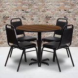 Flash Furniture 36" Round Walnut Laminate Restaurant Dining Table Set With 4 Black Trapezoidal Back Stackable Banquet Chairs