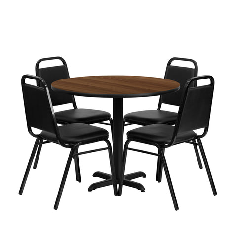 Flash Furniture 36" Round Walnut Laminate Restaurant Dining Table Set With 4 Black Trapezoidal Back Stackable Banquet Chairs