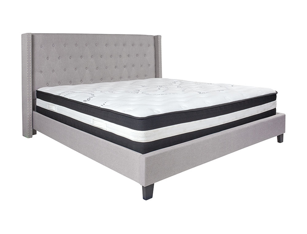 Flash Furniture Riverdale King Size Tufted Upholstered Platform Bed in Light Gray Fabric with Pocket Spring Mattress