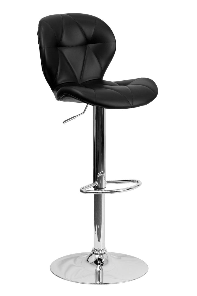 CONTEMPORARY TUFTED CURVED BLACK VINYL ADJUSTABLE HEIGHT BAR STOOL WITH CHROME BASE