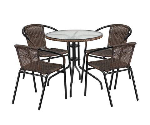 Flash Furniture 28'' Round Glass Metal Table with Dark Brown Rattan Edging and 4 Dark Brown Rattan Stack Chairs